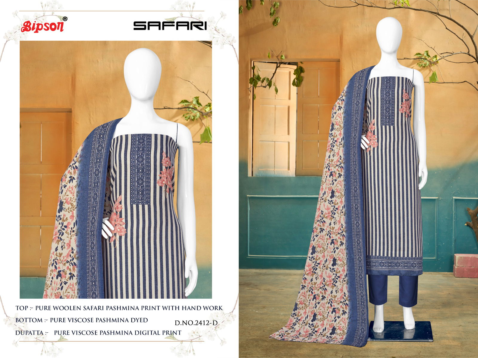 Bipson Safari 2412 Printed Wool Pashmina Dress Material Catalog
